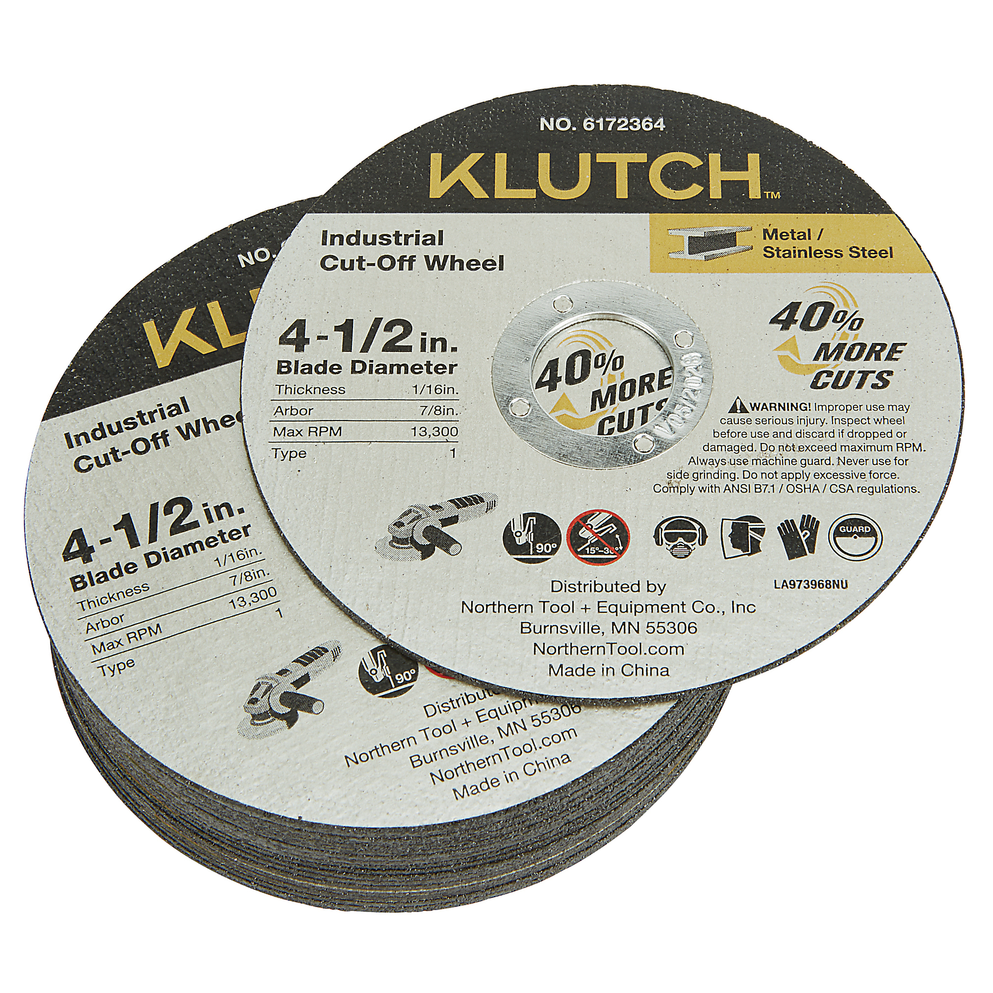 Klutch Industrial Cutoff Wheels, 4-1/2in. x 1/16in. x 7/8in., Type 1, 20-Pk.